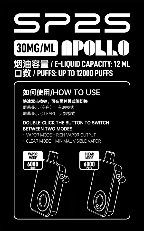 SP2S Apollo 12000口拋棄式|雙模式切換(有煙& 無煙)+6ml 雙倉|全彩螢幕顯示|VAKA糖果雲煙館