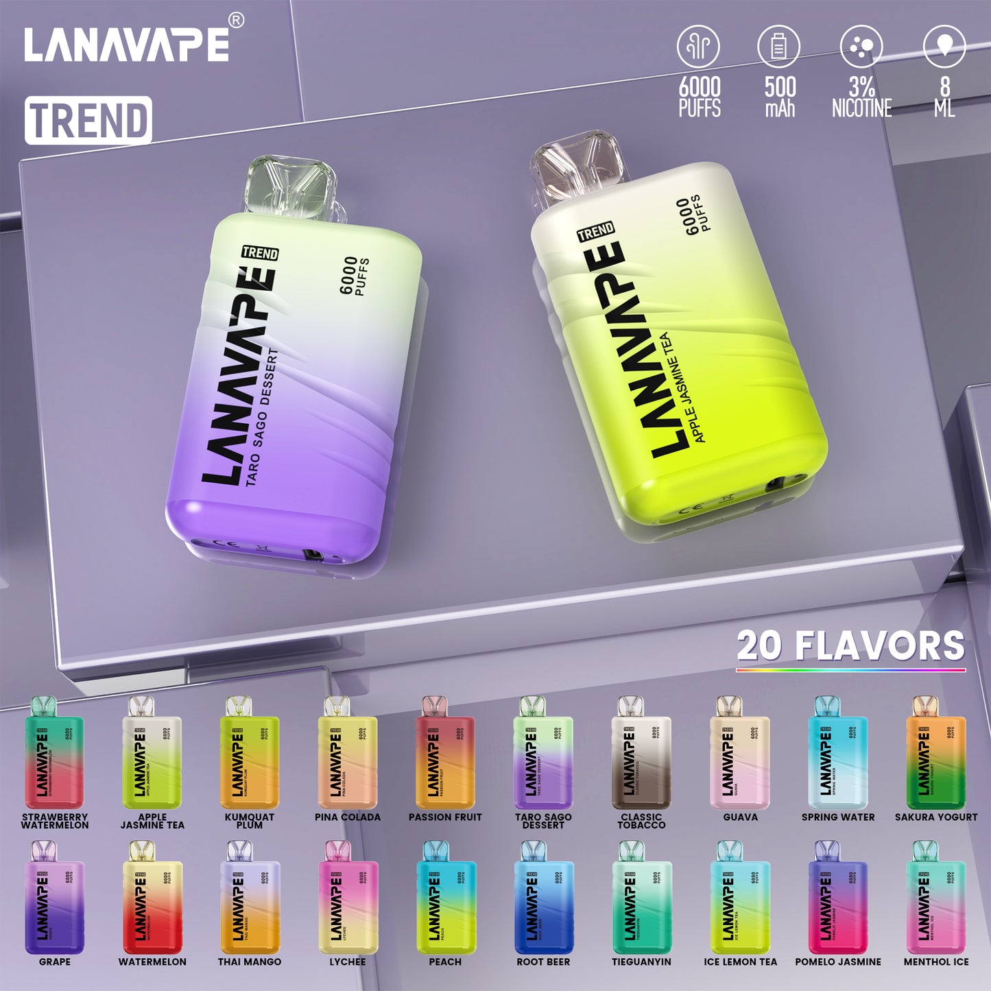 LANA BAR BC 6000 Puffs 拋棄式電子煙｜大容量一次性主機｜Mesh Coil網狀霧化芯｜Type-C快充長續航電子煙-VAKA糖果雲煙館